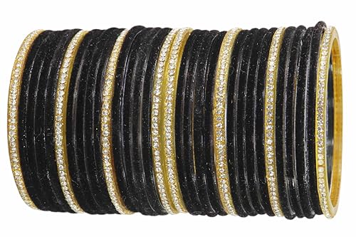 Image of NMII Fancy Glass Golden Zircon Diamond Stone & Velvet Finish Plain Bangles Set For Women & Girls | Glass Velvet Bangles | Kanch ki Chudiyan | Girl's Bangles Bracelet | Fashion Jewellery- Set of 32