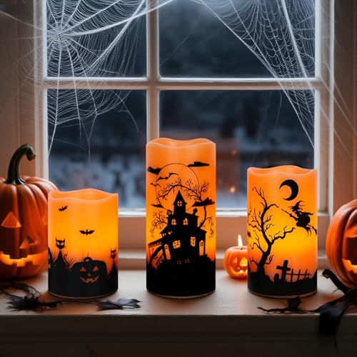 Image of Wondise Halloween Rechargable Flickering Flameless Candles with 6H Timer, Battery Operated LED Real Wax Candles with Charging Base Set of 3 Halloween Home Decoration Gifts(3 x 4 5 6 Inch)