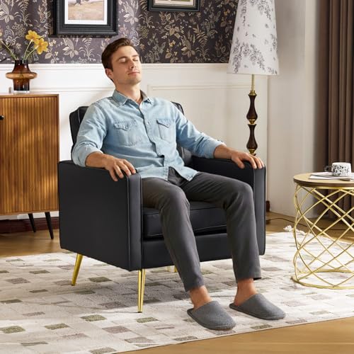 Image of VINGLI Modern Accent Chair, Upholstered Faux Leather PU Armchair with Thick Cushion & Metal Legs, Comfortable Reading Chair for Living Room, Bedroom, Office, Green