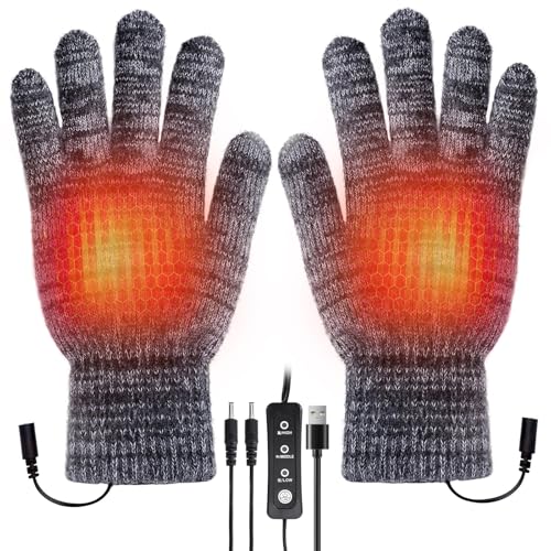 Luckits Guantes calefactables por USB, Dedos completos Guantes de Invierno para Hombres y Mujeres, alimentados por USB, Lavables, Mitones cálidos para Ciclismo, Motocicleta, Senderismo (Negro) (Gris)