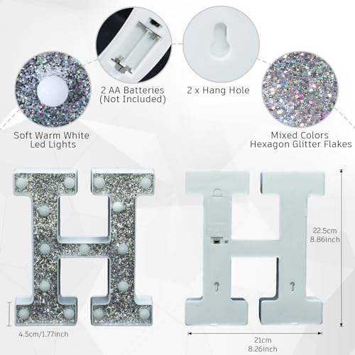 Image of LED Marquee Light Up Letters, 26 Alphabet Lighted Letter and 10 Number, Battery Powered Night Light for Room Decor, Home Birthday Wedding Bar Party Decoration, Shiny Silver Diamond (Letter H)