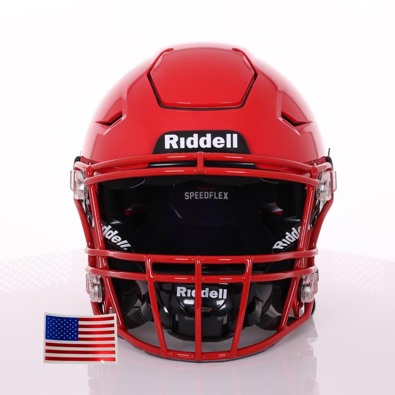Green Gridiron - Riddell SpeedFlex Adult w/Scarlet SF-2BD Facemask + Chrome US Helmet Flag Decal (Scarlet Helmet, Large Helmet)