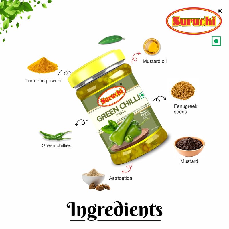 Image of Suruchi Green Chilli Pickle - 500g | Hari Mirchi Ka Achar | Ready to Eat Green Chilli Pickle | Authentic Indian Achar | Pure & Natural Ingredients | Hygienically Packed (Pack of 1)