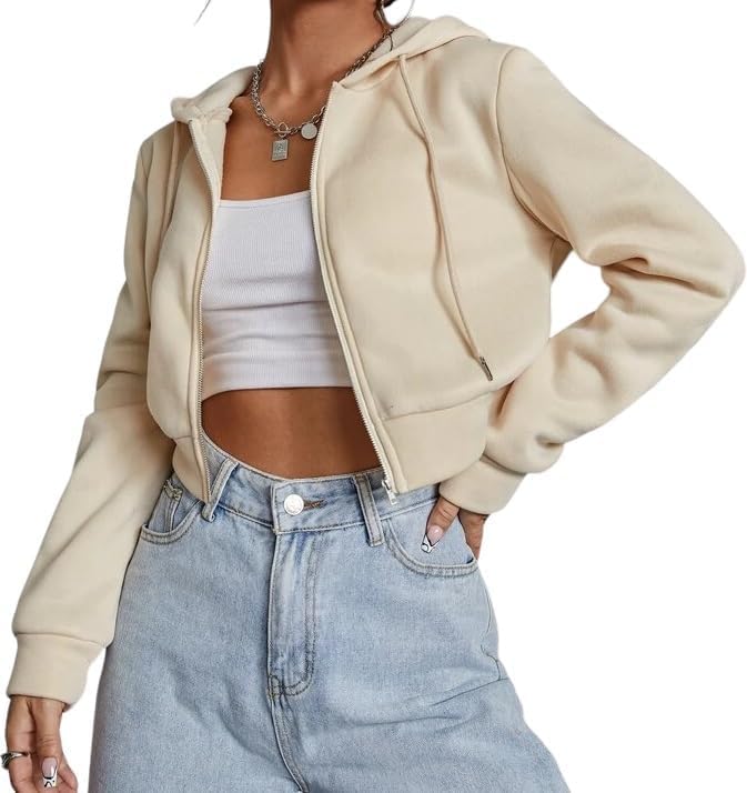 Women Cropped Zip-Up Hoodie Jacket with Hood & Drawstring | Full Sleeve Casual Sweatshirt for Girls & Women-picture-40
