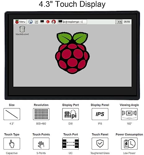 Image of 4.3inch DSI LCD Display with Case for Raspberry Pi 4B, 800x480 Capacitive Touchscreen MIPI DSI Interface IPS Wide Angle, Supports Raspbian /Ubuntu /Kali / WIN10 IoT /Retropie, Driver Free