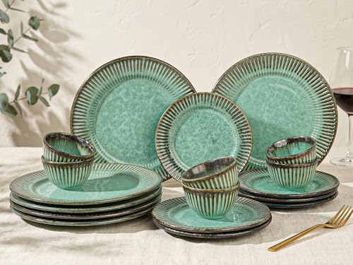 Image of Bodhi House Premium 18-Piece Stoneware Dinner Set Serving for 6 - Handcrafted Ceramic Plates, Bowls & Serving Bowls | Microwave & Dishwasher Safe | Elegant Modern Tableware Crockery Turquoise Green