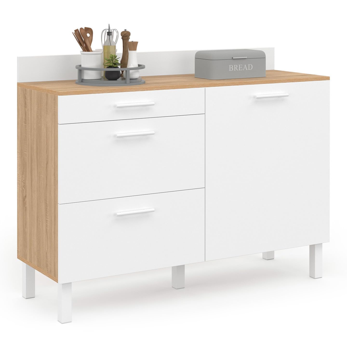 IDMarket - Buffet Bas de Cuisine 120 cm casserolier CINA Plan de Travail H.83 cm 1 Porte + 3 tiroirs façon hêtre et Blanc