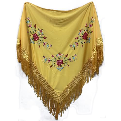 MUNDDY - Manton Bordado en Flores Para Adulto. Mantones Flamenco Sevillana.Mantón para fiesta de Color Rojo Negro Rosa Blanco Amarillo Azul. Envio desde madrid (Amarillo (B))