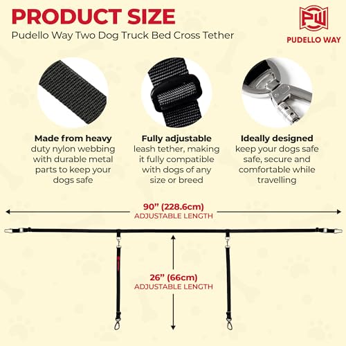 Truck Bed Dogs Tether for Two Dogs – Canine Tie Down System – Adjustable Double Safety Leash for Car, SUV or Truck Bed for Dogs – includes Pair of Pet Grooming Gloves Truck Bed Dogs Tether for Two Dogs – Canine Tie Down System – Adjustable Double Safety Leash for Car, SUV or Truck Bed for Dogs – includes Pair of Pet Grooming Gloves