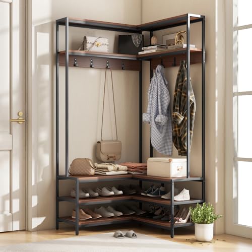 Tangkula Corner Hall Tree, 70 Inch Coat Rack with Bench and Shoe Storage, Entryway Furniture with 7 Hooks, Heavy Duty Metal Frame, Space Saving Clothes Rack Shoes Shelf Organizer (Brown)