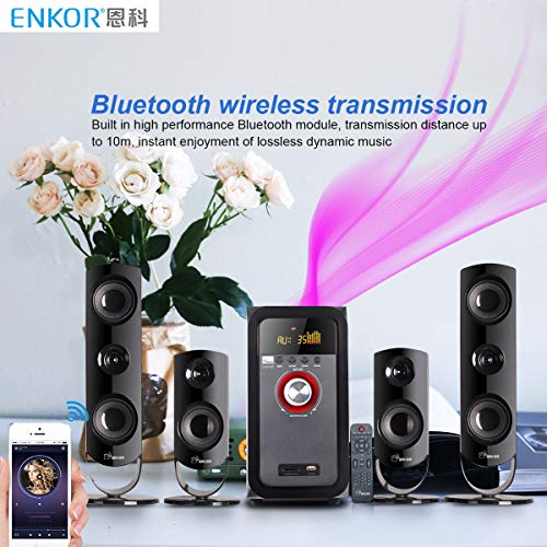 Image of ENKOR EK4868BT 4.1 Channel Bluetooth Home Theater Speaker System with 30W 5.25' Subwoofer, 3' Center & Full Range Speakers, Surround Sound, FM /USB /SD /HDMI, Karaoke, Black