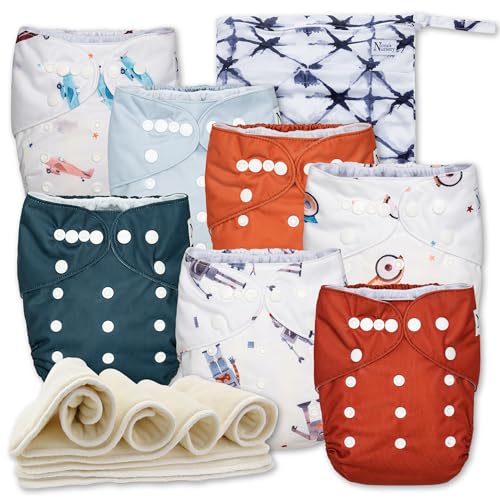 Image of Nora's Nursery Cloth Diapers 7 Pack with 7 Inserts & 1 Wet Bag - Waterproof Cover, Washable, Reusable & One Size Adjustable Pocket Diapers for Newborns and Toddlers - Toy Box