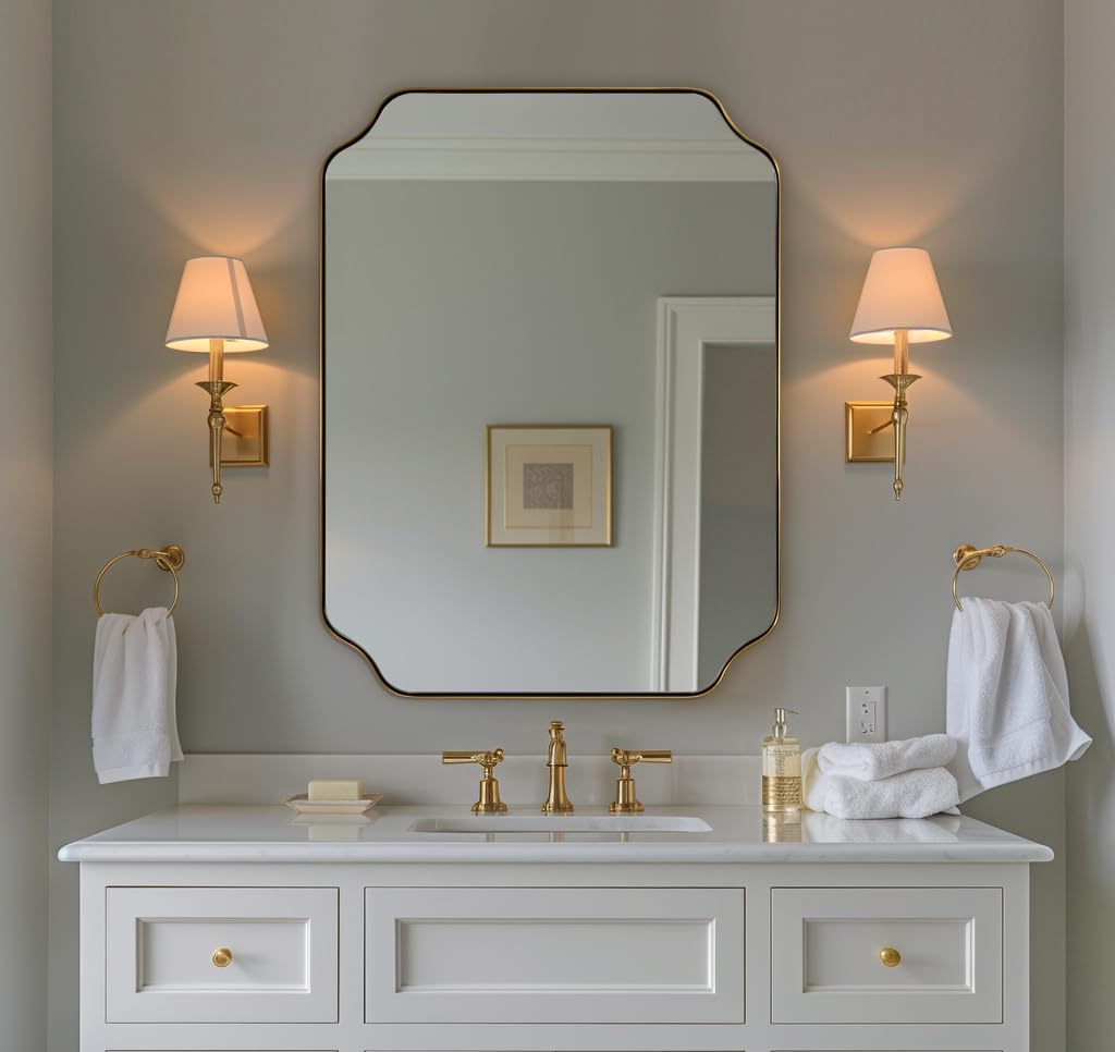 ANDY STAR Brushed Gold Mirror, 24"x32" Bathroom Vanity Mirror, Unique Rectangular Bathroom Mirror with Stainless Steel Metal Framed, Wall Mounted