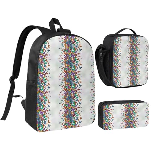 Backpack 3 Pcs Set With Lunch Box Pencil Case Lightweight 3 In 1 For Unisex (for Colorful Butterflies)