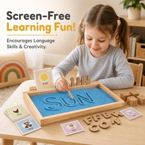 Image of Tantrums Wooden Alphabet Montessori Educational Toy | Sensory Play & Learn Kit | CVC Flash Cards, Movable Letters, Writing Tray | Early Literacy | Ages 3+ (Blue)