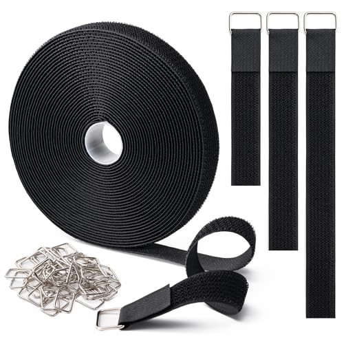 1' x16Ft Hook and Loop Straps with 25 Metal Buckles, Adjustable Fastening Cable Straps, Free Cut Length, Reusable Nylon Cable Ties for Organizer or Storage, Black