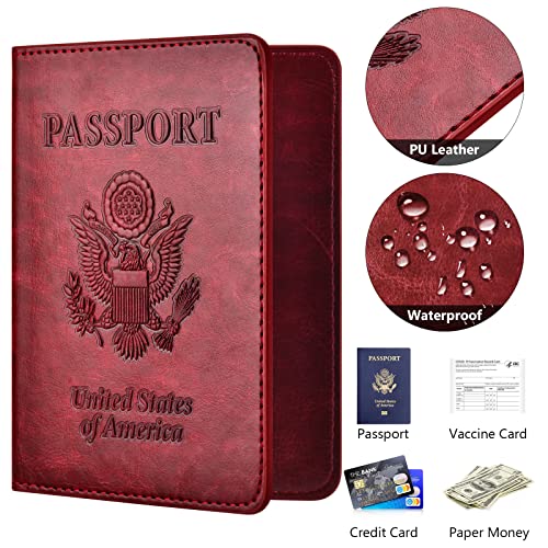 Image of Passport and Vaccine Card Holder Combo with Vaccine Card Slot, Passport Wallet / Cover /Case /Holder for Women and Men(AC-Wine red)