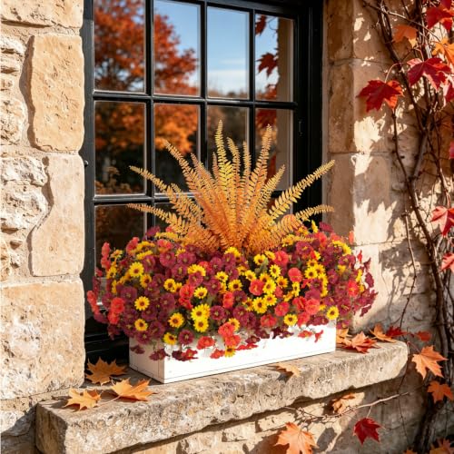 Image of Artificial Fall Mums Flowers Fake Plants for Outdoors Decoration | 8 PCS Silk Morning Glory, 4 PCS Mums with Faux Fern Realistic UV Resistant Flowers for Outside Planter Yard Patio Garden