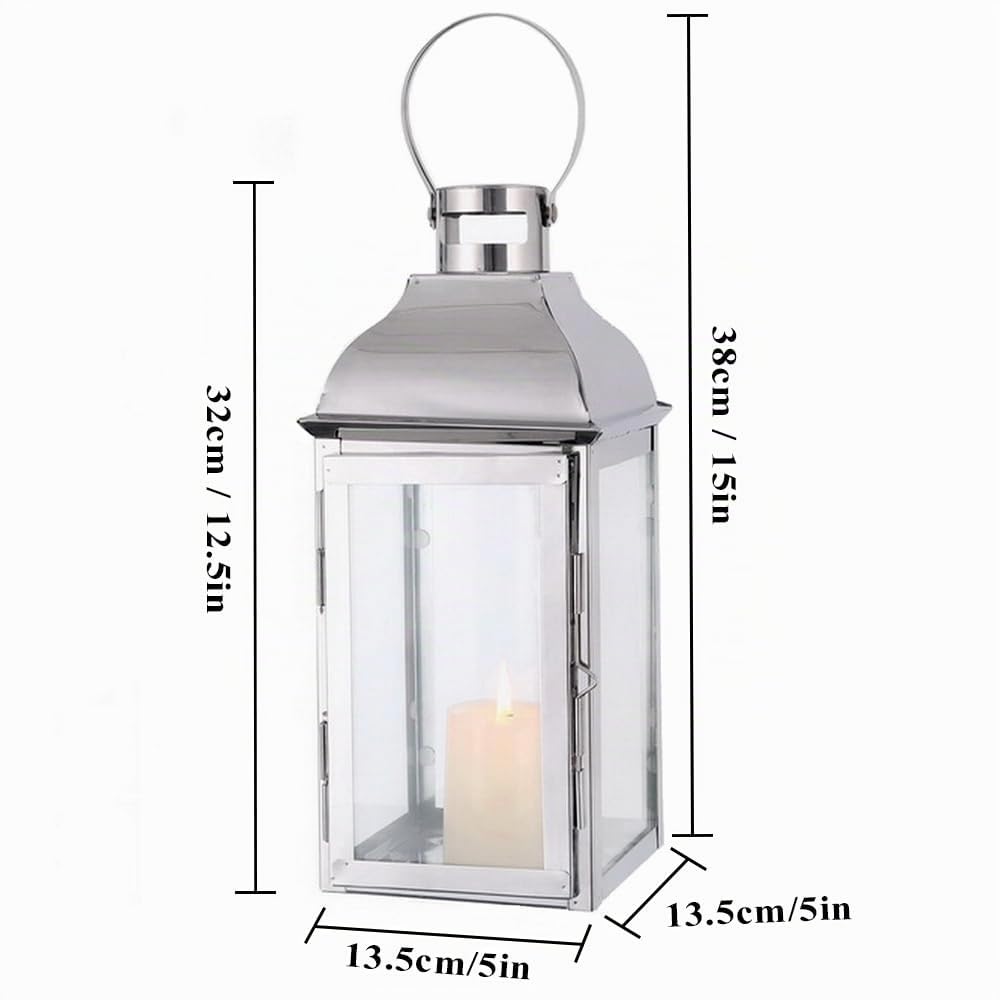 JHY DESIGN Dekorative Laternen, 31,8 cm hoch, Edelstahl-Kerzenlaternen mit gehärtetem Glas, für Veranstaltungen im Innen- und Außenbereich, Vintage-Stil, Hängelampen