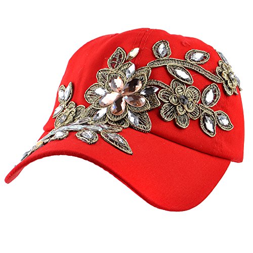 Elonmo Rhinestone Hats For Women, Cute Big Lace Flowers Baseball Cap With Jewel Rhinestone Bling Hats Jeans Wash Denim Adjustable (Red) #TOP5