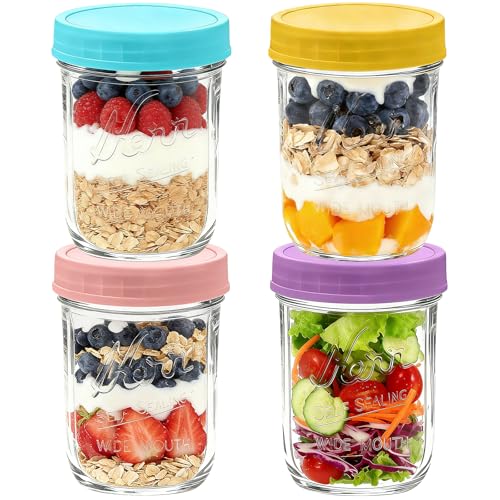Image of Mason Jars, 16 oz Overnight Oats Containers with Lids, Glass Jars with Lid | 4 Pack Mason Jars with Lids, Leakproof Overnight Oats Jars, Glass Food Storage Containers for Meal Prep, Yogurt, Chia Pudding
