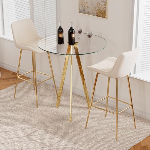 Image of 3 Piece Pub Dining Set, Modern Round Bar Table and Chairs for 2, 30 inch Bar Height Barstools and Glass Kitchen Table Set, 31 inch Small Dining Table with 2 Stools(Beige)