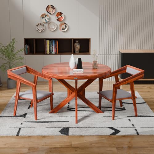 Image of ONIJA Solid Sheesham Wood 2 Seater Dining Table Set with Cushioned Chairs for Dining Room | Living Room | Home & Office | Hotels Restaurant & Cafe (2 Seater, Honey Finish)