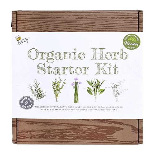 Buzzy Organic Herb Starter Kit – 9 Terracotta Pots, Organic Seeds & Soil Pellets – Indoor Herb Garden Kit with Plant Markers, Chalk & Instructions – Grow Fresh Basil, Parsley, Cilantro & More