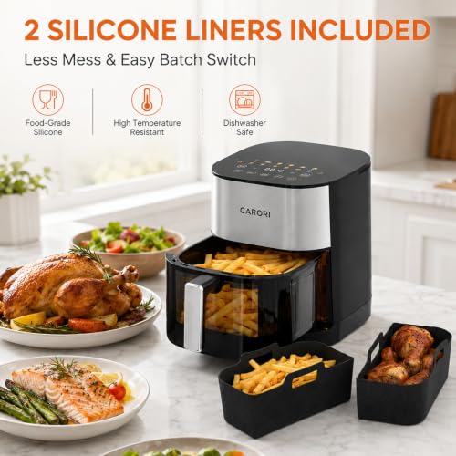 Image of CARORI Air Fryer 6 Qt Dual Heating with Viewing Window, 14 Presets Plus DIY Mode, Includes 2 Reusable Silicone Liners, Dishwasher-Safe Basket and Crisper Tray, Easy Clean Family Size
