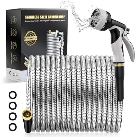 Garden Hose-Metal Hose,Stainless Steel Heavy Duty Water Hoses with 10 Function Nozzle,Outdoor Hose,Leak Proof,Puncture Resistant, Flexible,Never Kink & Tangle(100FT) Cover
