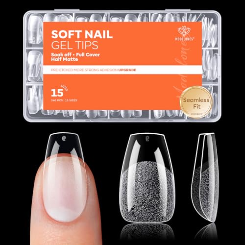 Modelones Short Coffin Fake Nail Tips,Soft Gel Tips Pre-shaped Half Matte
