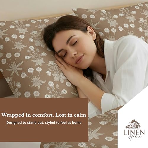 Image of Linen Home Cotton Percale Flat Bedsheet Set Single Size Floral Light Brown