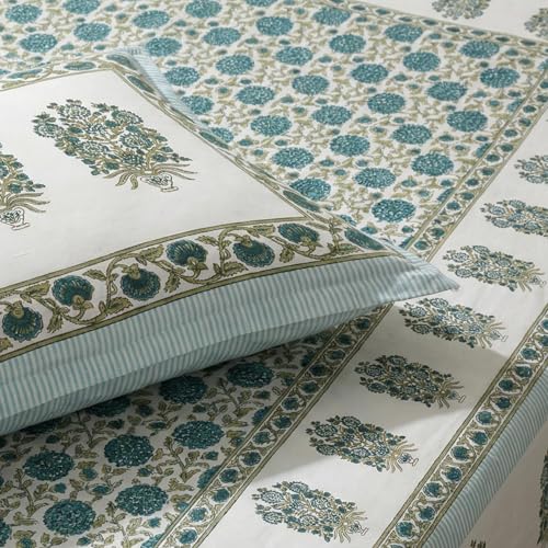 Image of Mafatlal 144 TC Jaipuri Cotton King Bedsheet | 90 x 108 Inches | Soft & Skin-Friendly | Handcrafted Jaipuri Print | 2 Pillow Covers | White Down