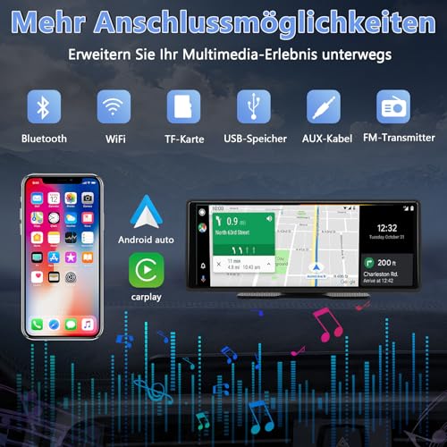 WODHMIEY 10,26 Zoll IPS Touchscreen Wireless CarPlay & Android Auto, 1080P HD Tragbares Autoradio mit WLAN, Bluetooth, Sprachsteuerung, AUX/FM Übertragung, Navigationssystem für Auto, LKW, Wohnmobil