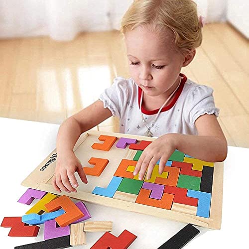Image of Wooden Tetris Puzzle Brain Teaser Toy Colorful Jigsaw Game Montessori Intelligence Educational Gift for Baby- Toddlers, Kids 2-6 Years Old Boys Girls - 40 Pcs, Multi Color