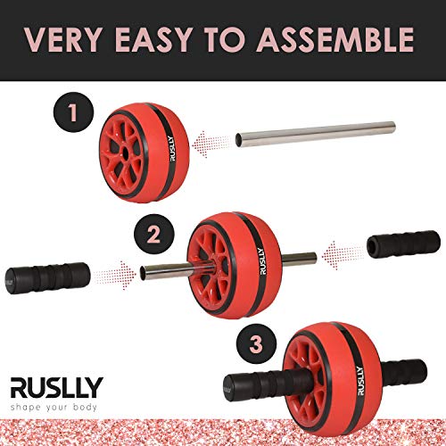 RUSLLY Ab Roller Wheel – Nonslip, Home Workout Equipment Set for Women – 4-in-1 Fitness Set with Jump/Skipping Rope, Knee Exercise Mat, Towel, Indoor/Outdoor Gym Workout Gear for Core