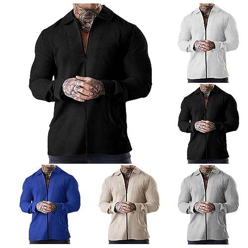 evzosrz Mens Lapel Waffle Jacket Casual Long Sleeve Button Down Full Zip Up Shirts Jacket Shacket Lightweight Coats Outerwear4