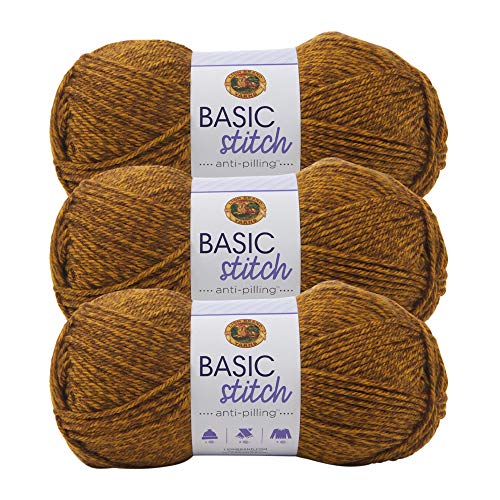 Image of Lion Brand Yarn Basic Stitch Anti-Pilling Yarn for Crocheting, Knitting, and Crafts, Gold Heather, 3 Pack