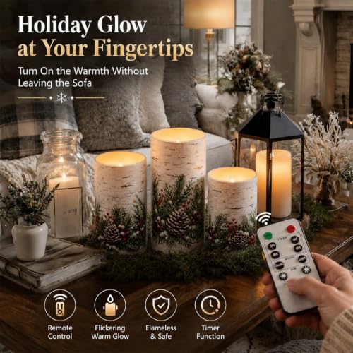 Image of Tujoe 3 Pcs Christmas Winter Birch Flameless Candle LED Pillar Candle