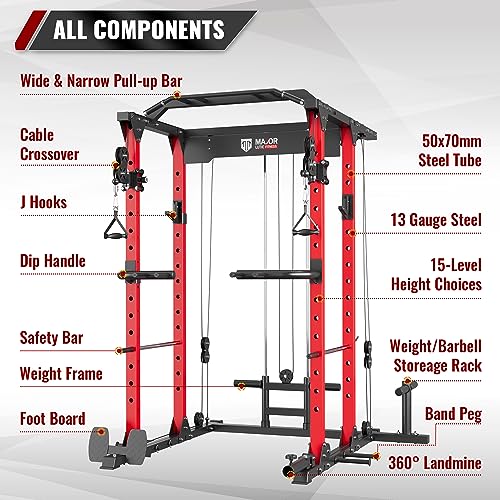 MAJOR LUTIE Fitness Power Cage with Weight Bench, PLM03 All-in-One 1400 lbs Capacity Multi-Function Power Rack with Adjustable Cable Crossover System and More Attachment 2023 Version (Red) - Thumbnail 3