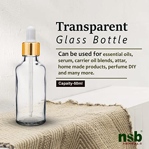 Image of nsb herbals 50 ML Clear /Transparent Round Empty Glass Bottle + Glass Dropper + Gold Ring + Silcon White Teat, Refillable, Leak Proof For Essential Oils, Perfumes (Pack of 24)