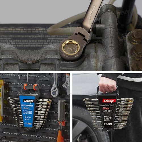 Image of DISEN 12 Pcs Flex Head Ratcheting Wrench Set 90 Teeth, Combination Ratchet Wrenches Set SAE1 /4 to 3 /4 inch, Cr-V Steel, 12-Point, Nickel Plating with Organizer Rack Visit the Store