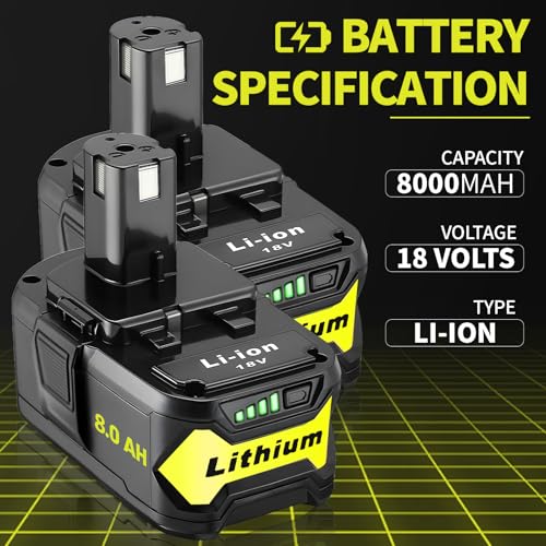 Image of 2Pack Upgrade 8000mAh High Capacity Replacement for Ryobi 18V Battery ,Compatible with Ryobi 18V ONE+ System Cordless Power Tools and Charger