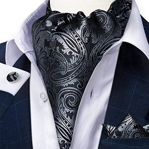 Image of DiBanGu Mens Silk Ascot Ties Paisley Jacquard Woven Cravat and Pocket Square Cufflinks with Lapel Pin for Business Wedding