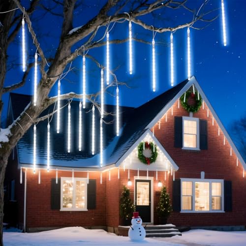 Aigostar Luces de Navidad de Lluvia de Meteoritos, 8 Tubos 30 cm, 192 LEDs, Luz Blanca Fría, Impermeable para Interior y Exterior de Árbol de Navidad, Patio, Fiestas