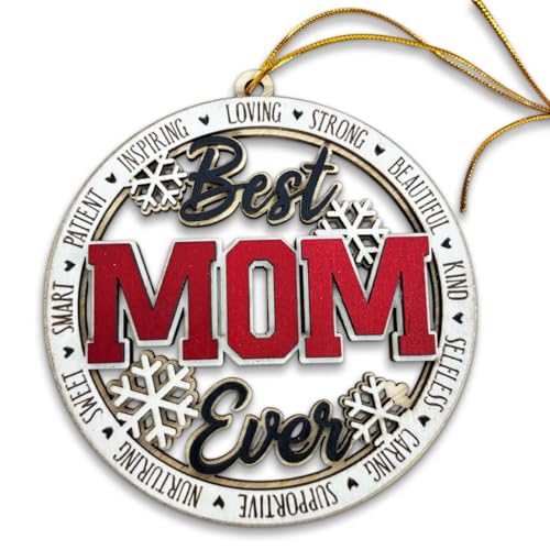 Best Mom Ever Wooden Christmas Ornament – Rustic Holiday Tree Decoration, for Mom, Stocking Stuffer Keepsake, Sentimental Ornament from Daughter, Son, or Kids