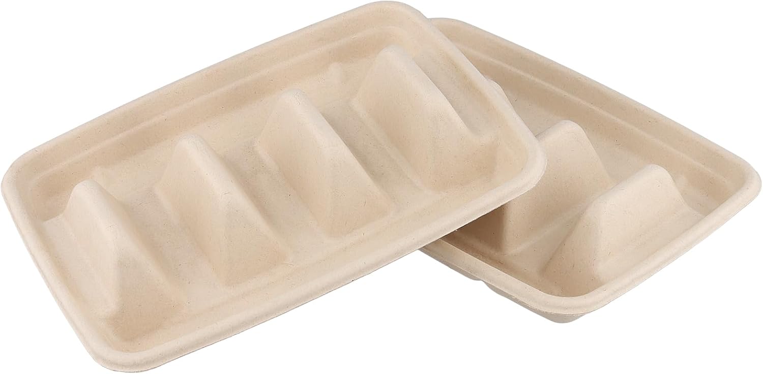 100 PCS Disposable Taco Holder, 8.6 x 6.3 x 1.2 Inch Paper Pulp Taco Plates with 3 Compartments, Taco Container Boxes for Party