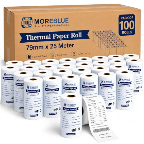 Image of MOREBLUE 3 Inch Thermal Paper Rolls (79mm x 25m, 55 GSM) | Ink-Free BPA-Free Receipt Paper for POS Machine, Billing Machine & Thermal Printers Pack 100