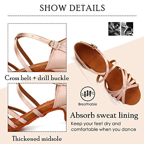 HROYL Women Satin Latin Dance Shoes 1.5inch Low Heel Salsa Practice Performance Ballroom Dancing Shoes XGG3