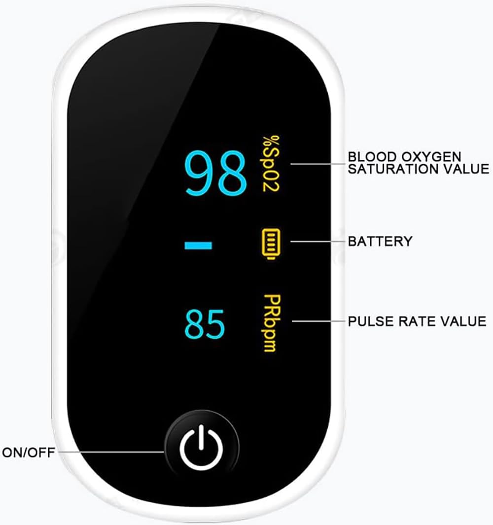 Pulsossimetro da Dito, Monitor della saturazione dell'ossigeno nel Sangue e Monitor della frequenza cardiaca, con Schermo OLED, Guscio in Silicone, nessun sensore, spegnimento Automatico, con Cordi